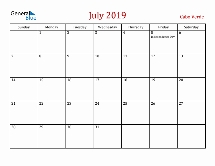 Cabo Verde July 2019 Calendar - Sunday Start