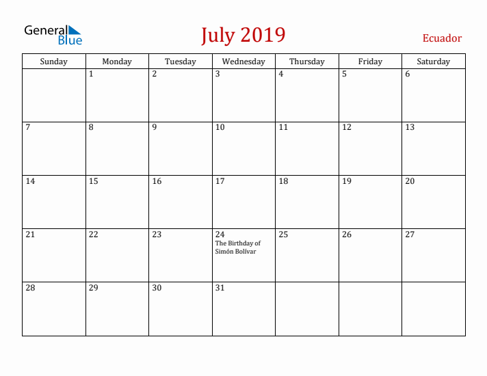 Ecuador July 2019 Calendar - Sunday Start