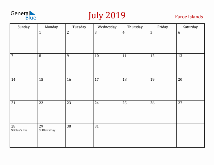 Faroe Islands July 2019 Calendar - Sunday Start