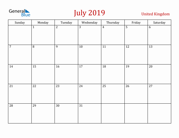 United Kingdom July 2019 Calendar - Sunday Start