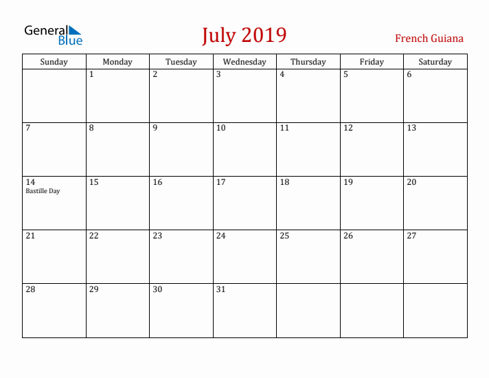 French Guiana July 2019 Calendar - Sunday Start