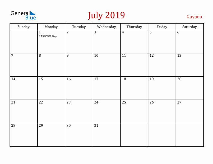 Guyana July 2019 Calendar - Sunday Start