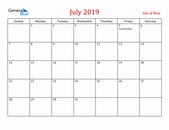 Isle of Man July 2019 Calendar - Sunday Start