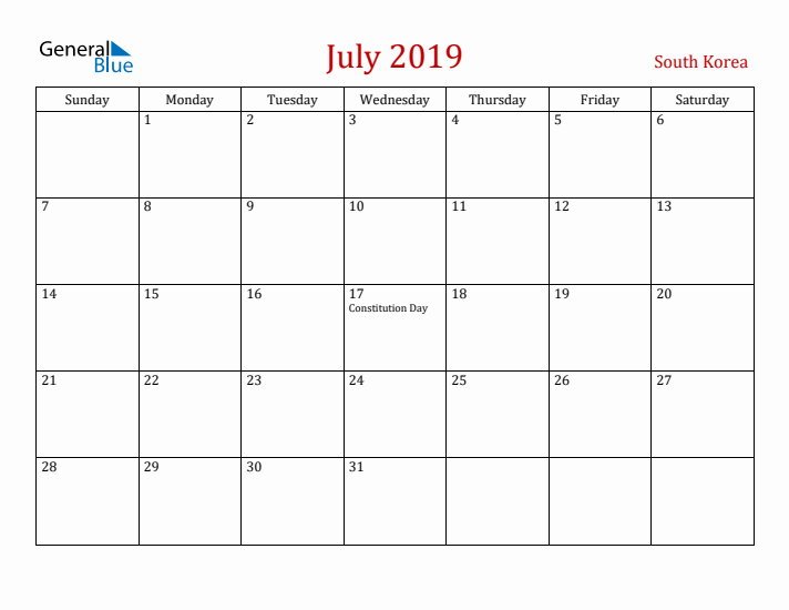 South Korea July 2019 Calendar - Sunday Start