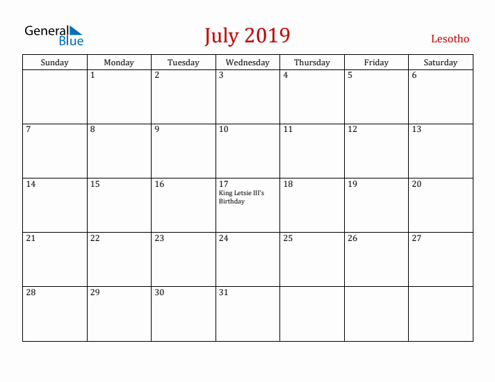 Lesotho July 2019 Calendar - Sunday Start