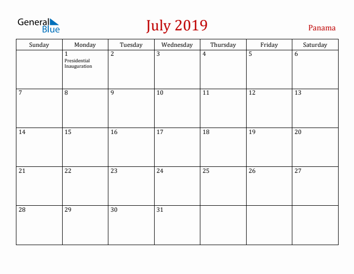 Panama July 2019 Calendar - Sunday Start
