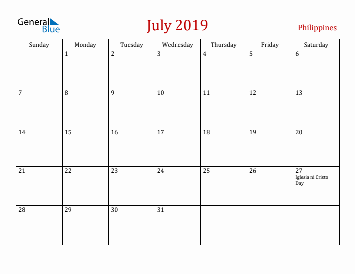 Philippines July 2019 Calendar - Sunday Start
