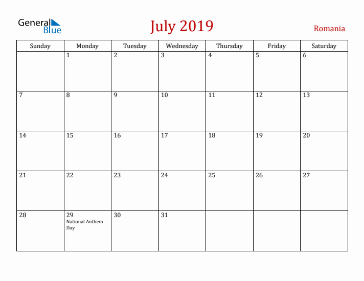 Romania July 2019 Calendar - Sunday Start