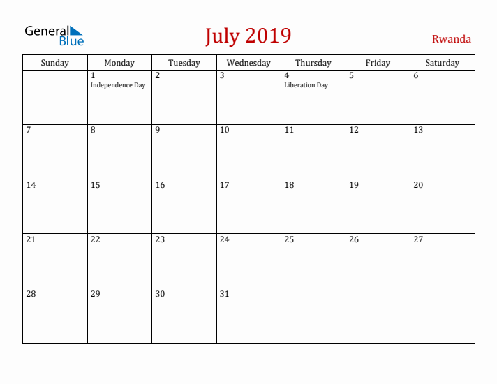 Rwanda July 2019 Calendar - Sunday Start