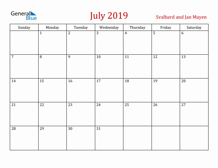 Svalbard and Jan Mayen July 2019 Calendar - Sunday Start
