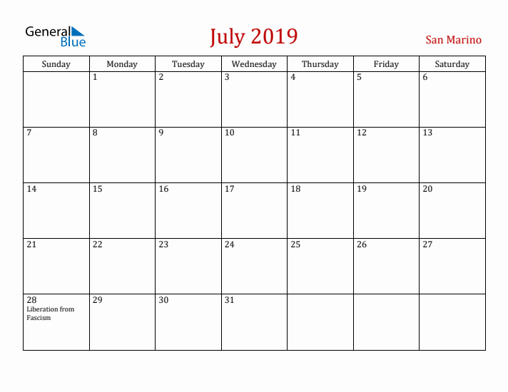San Marino July 2019 Calendar - Sunday Start