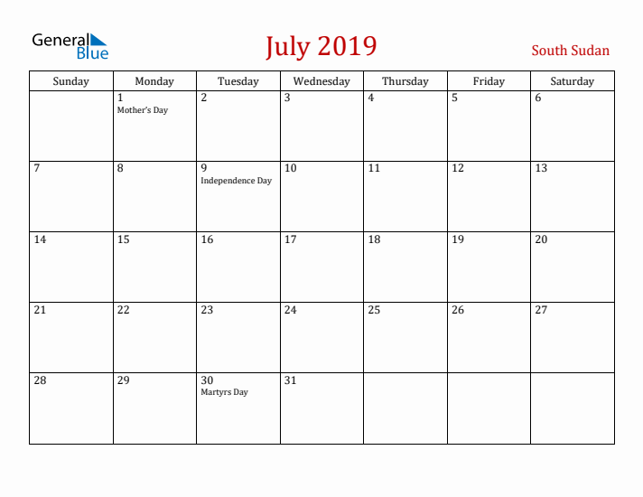 South Sudan July 2019 Calendar - Sunday Start