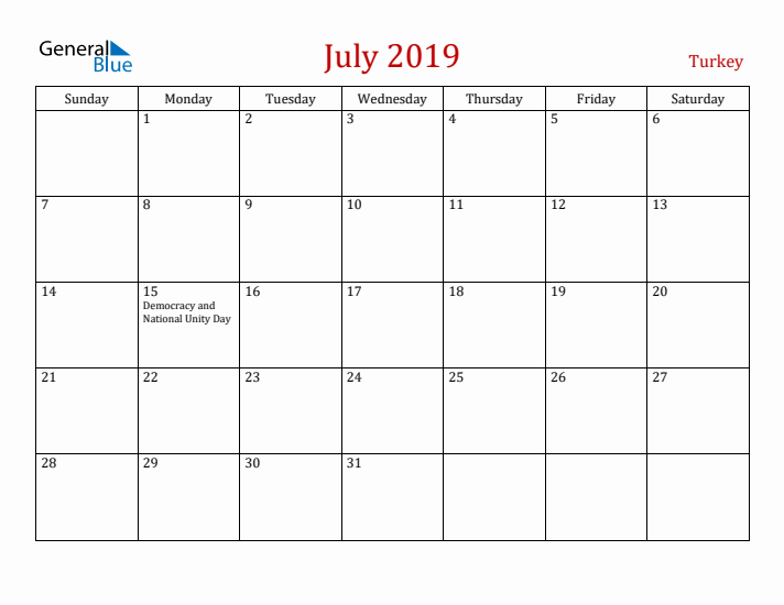 Turkey July 2019 Calendar - Sunday Start