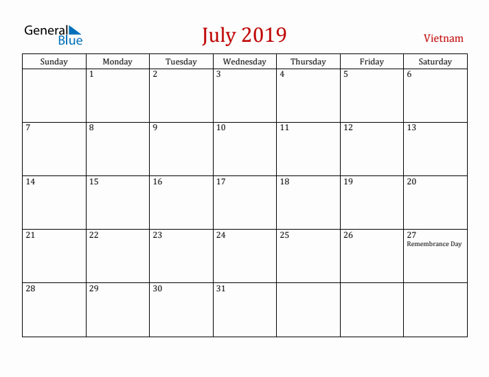 Vietnam July 2019 Calendar - Sunday Start