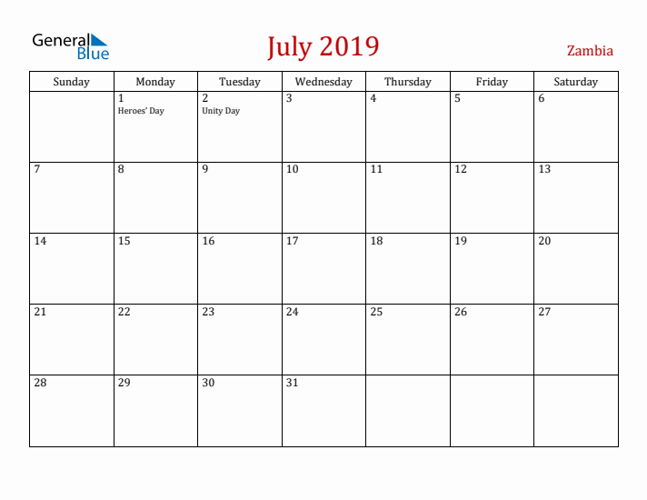 Zambia July 2019 Calendar - Sunday Start