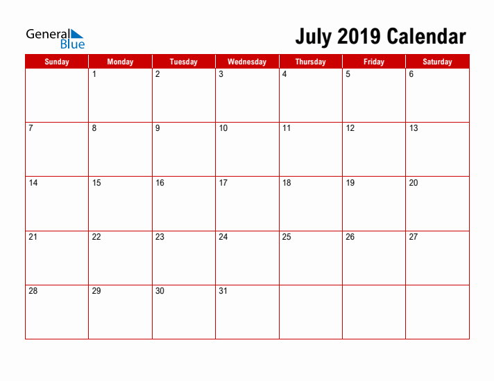 Simple Monthly Calendar - July 2019