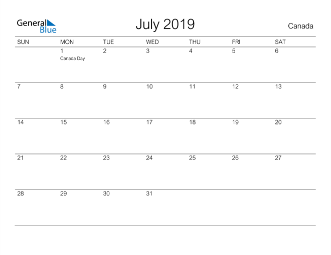 Canada July 2019 Calendar with Holidays