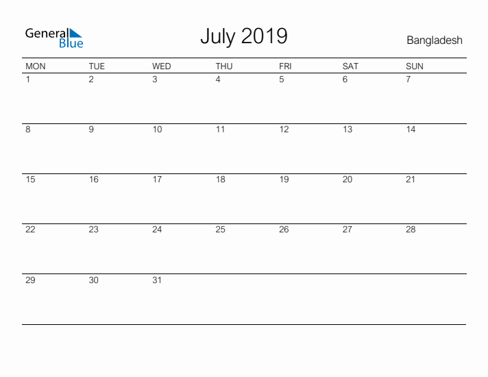 Printable July 2019 Calendar for Bangladesh
