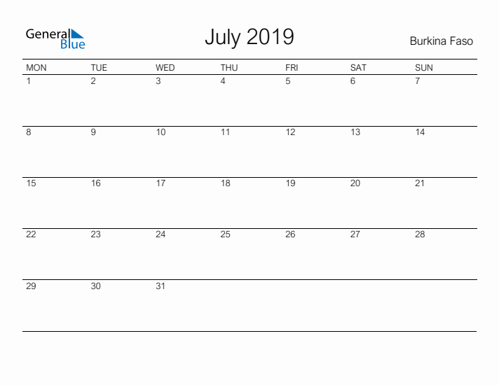Printable July 2019 Calendar for Burkina Faso
