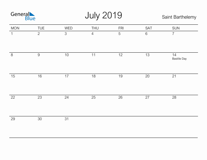 Printable July 2019 Calendar for Saint Barthelemy