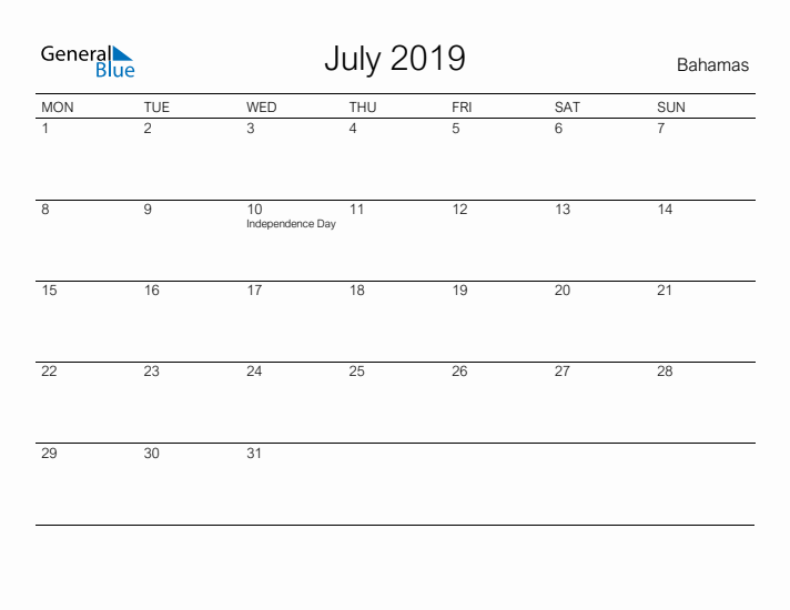 Printable July 2019 Calendar for Bahamas