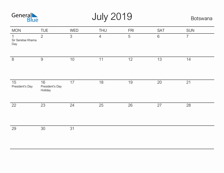 Printable July 2019 Calendar for Botswana
