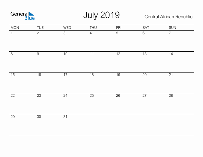 Printable July 2019 Calendar for Central African Republic