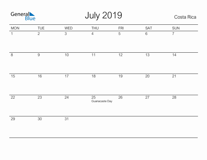 Printable July 2019 Calendar for Costa Rica