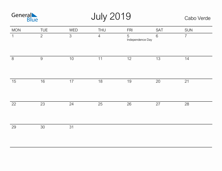 Printable July 2019 Calendar for Cabo Verde