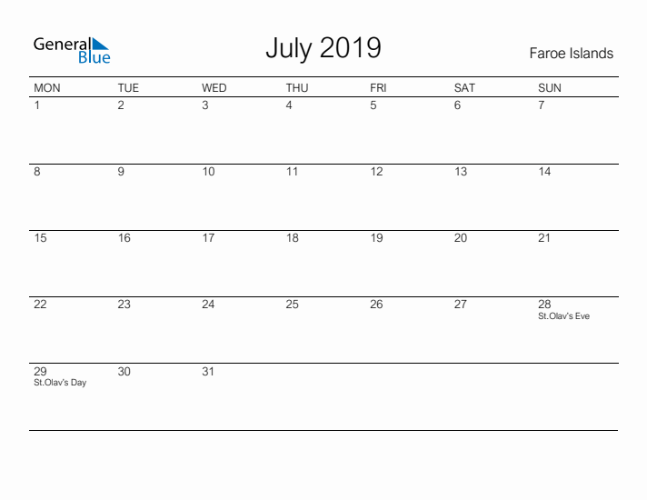Printable July 2019 Calendar for Faroe Islands