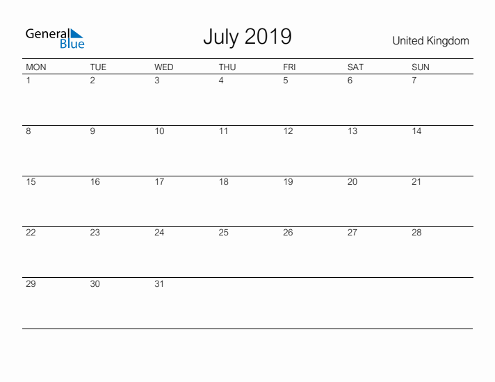 Printable July 2019 Calendar for United Kingdom