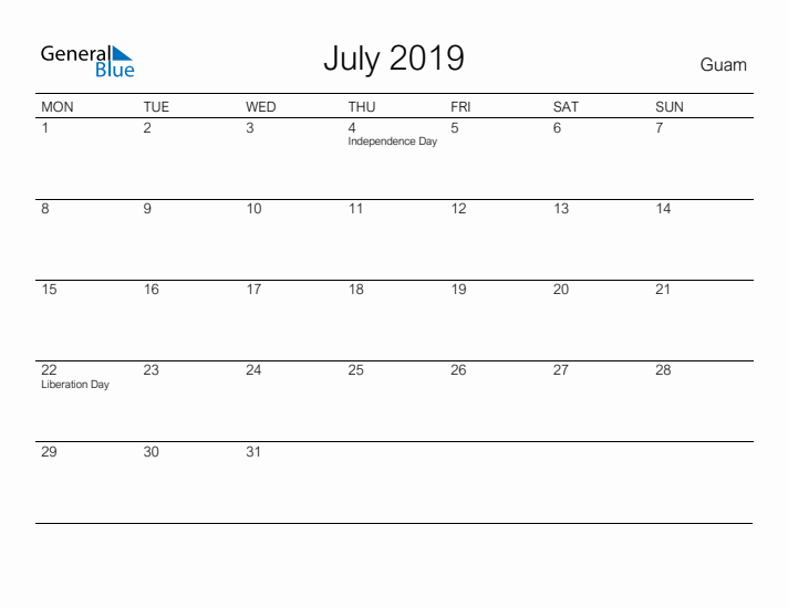 Printable July 2019 Calendar for Guam