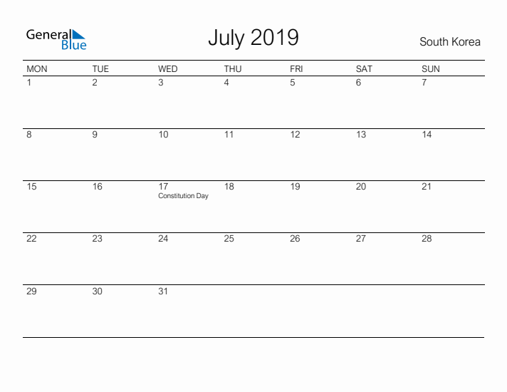 Printable July 2019 Calendar for South Korea