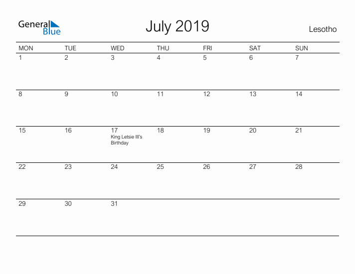 Printable July 2019 Calendar for Lesotho