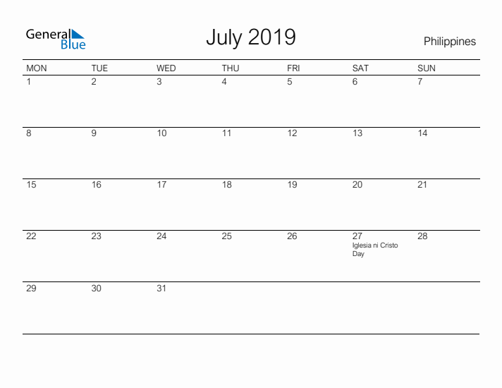 Printable July 2019 Calendar for Philippines
