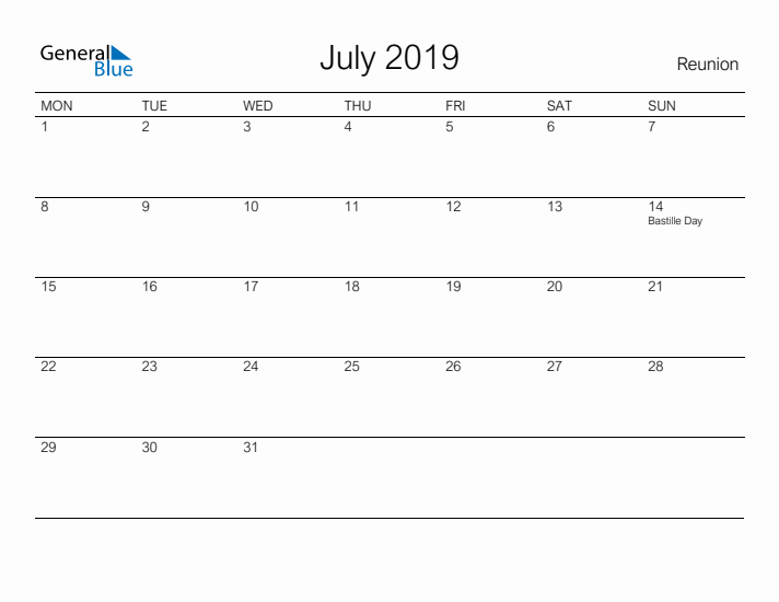 Printable July 2019 Calendar for Reunion