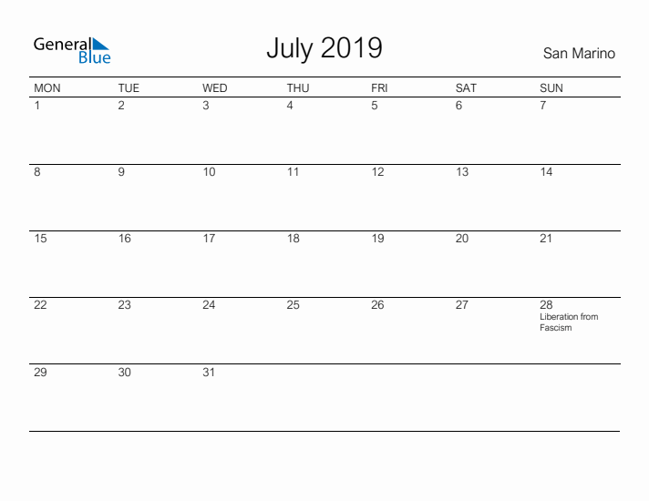 Printable July 2019 Calendar for San Marino