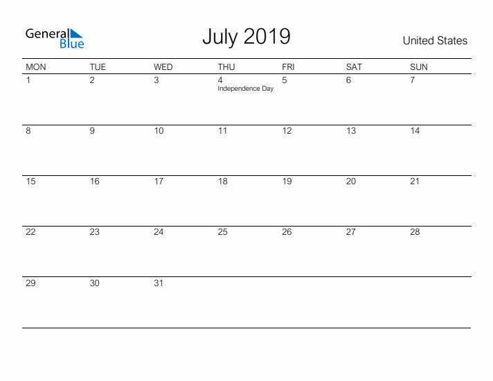 Printable July 2019 Calendar for United States