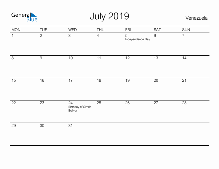 Printable July 2019 Calendar for Venezuela