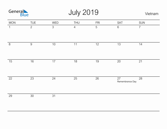 Printable July 2019 Calendar for Vietnam
