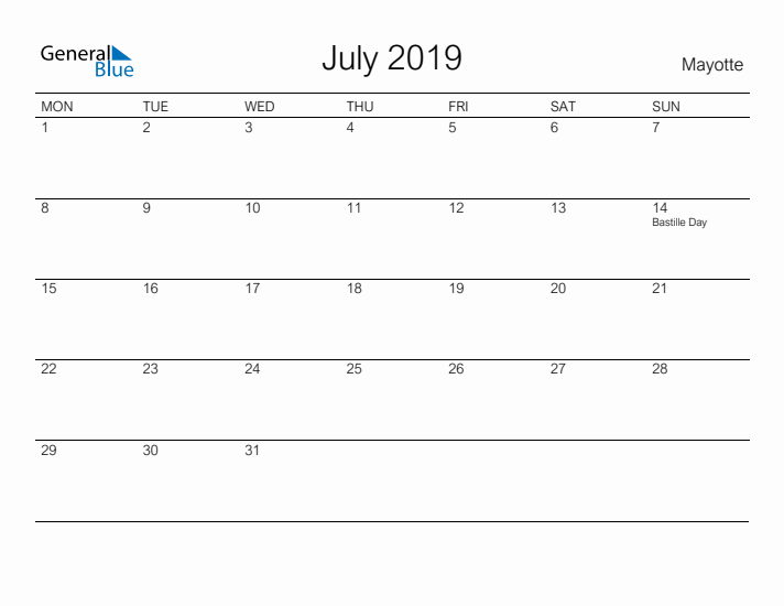 Printable July 2019 Calendar for Mayotte
