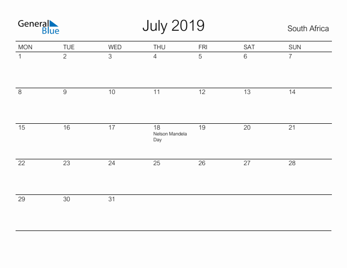 Printable July 2019 Calendar for South Africa