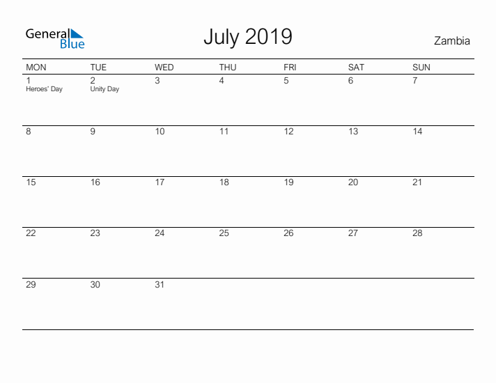 Printable July 2019 Calendar for Zambia