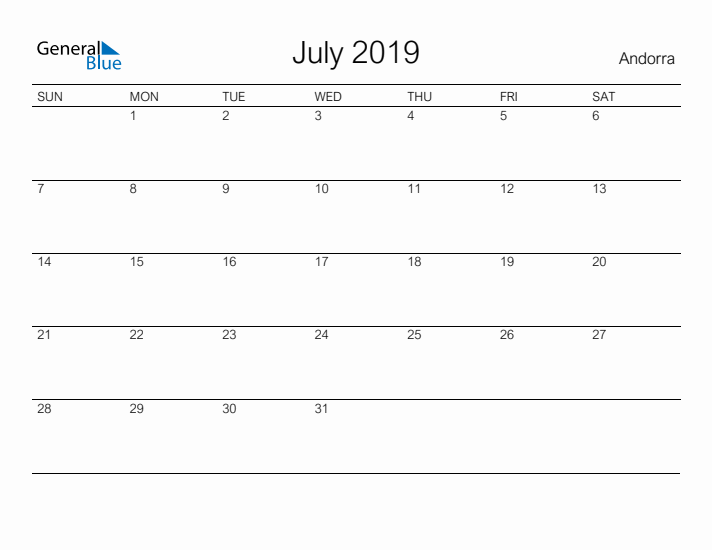 Printable July 2019 Calendar for Andorra