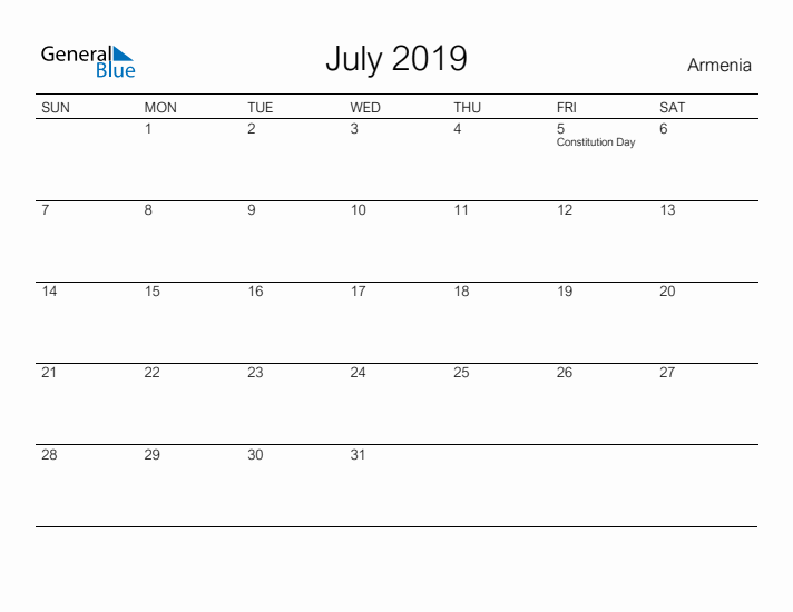 Printable July 2019 Calendar for Armenia