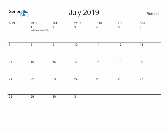 Printable July 2019 Calendar for Burundi