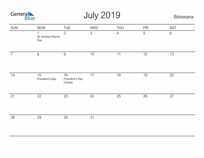 Printable July 2019 Calendar for Botswana