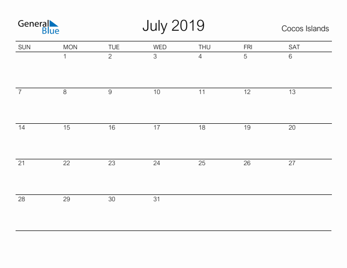 Printable July 2019 Calendar for Cocos Islands