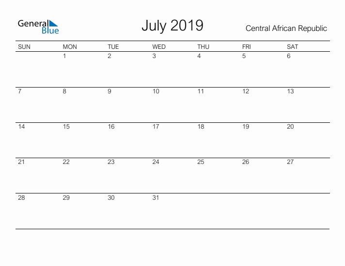 Printable July 2019 Calendar for Central African Republic