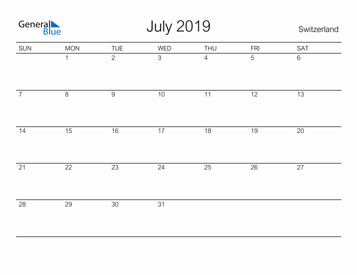 Printable July 2019 Calendar for Switzerland